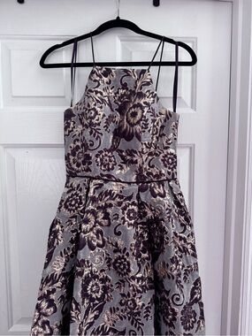 Betsy & Adam Silver and Deep Purple Floral Halter Party Dress